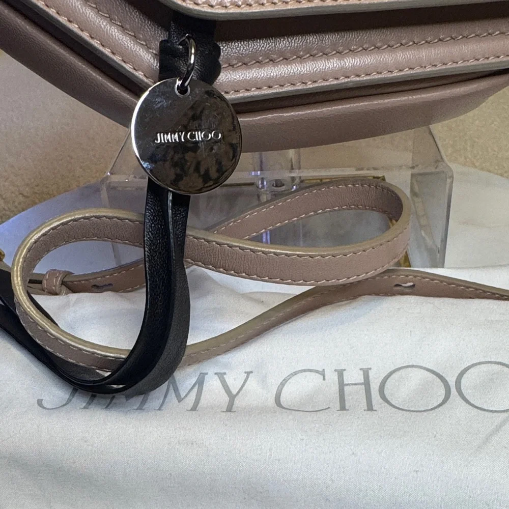 Jimmy Choo Authentic Taupe Crossbody Bag w/Metallic Interior, Dusty, Auth Card